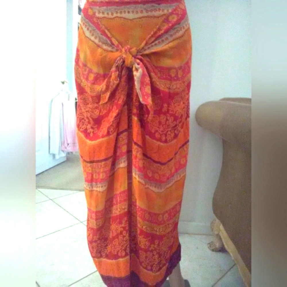 BNWOT 100% SILK ADRIENNE VITTADINI ORANGE/ RED WRAP SKIRT SZ. 4  MAXI SEXY